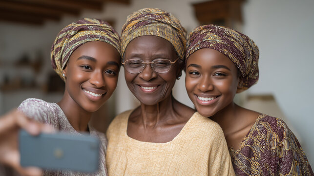 Family unit of three generations of Nigerian-British women styling traditional gele headwraps together in a London front room, diaspora cultural identity expressed through fabric textures, laughter,