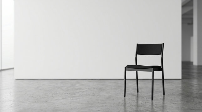 A single black chair sits alone on a polished concrete floor against a plain white wall in a minimalist, empty room.