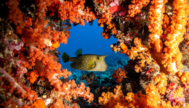 boxfish swimming through reef opening framed by coral branches