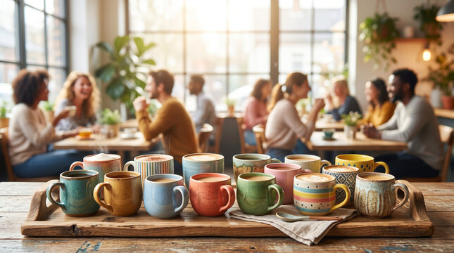 A cozy coffee shop scene with diverse people enjoying conversation and drinks, while colorful cups are displayed on a wooden table in the foreground.