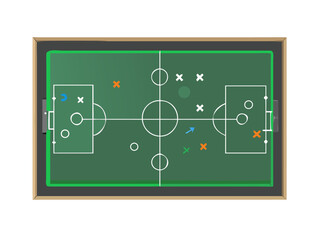 Fototapeta premium Strategy game plan. Tactic for soccer. Scheme for training of football team. Sport illustration on blackboard. Playbook of coach. Strategic organization on field for learning. Vector icon
