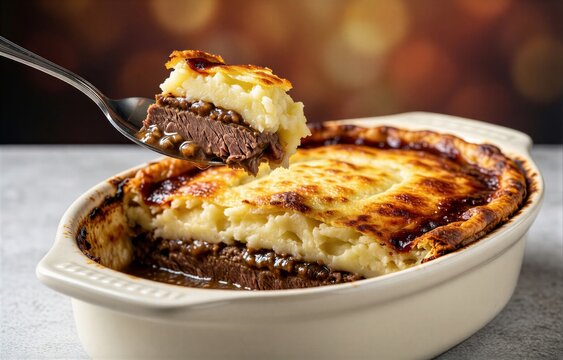 Hachis Parmentier topped with golden-brown mashed potato crust. Spoon scooping rich beef filling, showcasing savory shepherds pie with beef mashed potatoes. Concept of comfort food.