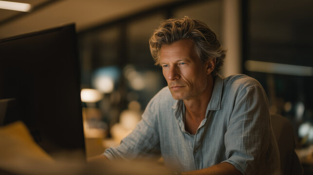 Middle-aged software architect at a wide dual-monitor workstation where an AI assistant has autofilled an entire class hierarchy incorrectly, the developer leaning in to trace the logic error line b