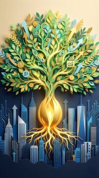 Layered papercraft illustration of tech city skyline and growing tree of wealth