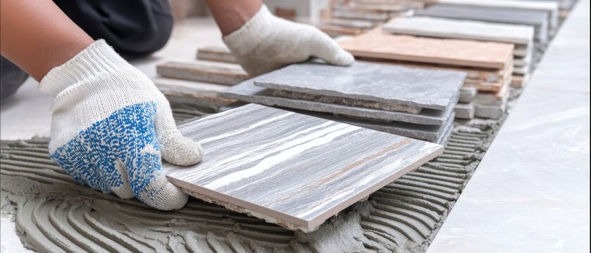 Close up shot of construction worker laying gray tiles on floor with adhesive mortar in bright daylight
