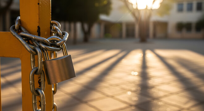 padlock and chain on school gate | security lock on yellow metal fence | closed playground gate at sunset | heavy steel chain with lock | safety and protection concept image