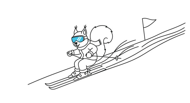 Energetic cartoon squirrel wearing blue goggles and a scarf skiing down a snowy slope with poles in a fun winter sports scene.