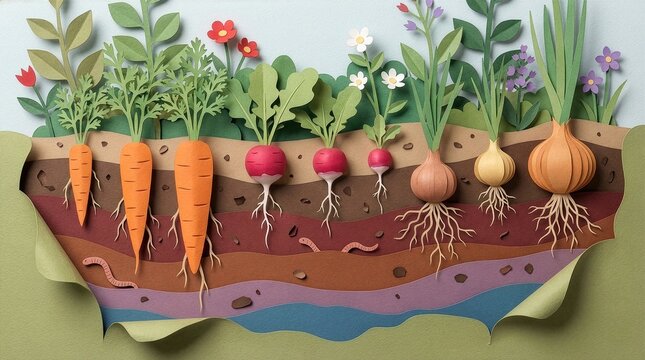 Layered papercraft illustration of spring vegetable garden cross-section