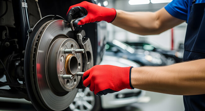 Professional car brake system maintenance | Mechanic hands repairing disc brakes in garage | Automotive technician replacing brake pads and rotors | Vehicle safety inspection at auto repair shop