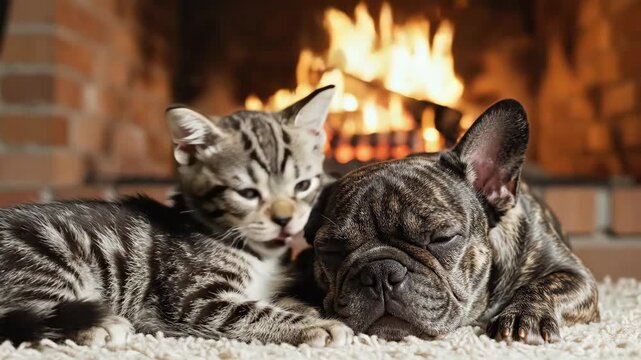Cozy companions: A tabby kitten playfully interacts with a brindle bulldog near the fireplace