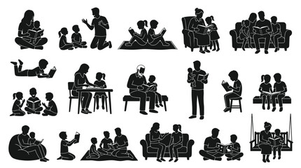 Obraz premium Family reading silhouettes featuring parents grandparents and children with books and stories.