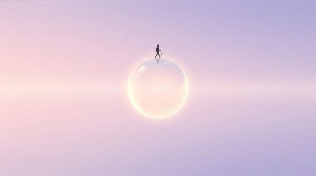 Minimalist Surreal Art of a Person Walking on a Giant Calm Water Droplet