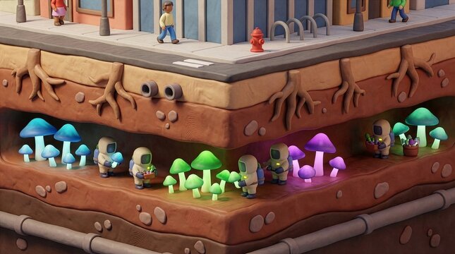 Cute 3D claymation cross-section of miniature underground mushroom farm