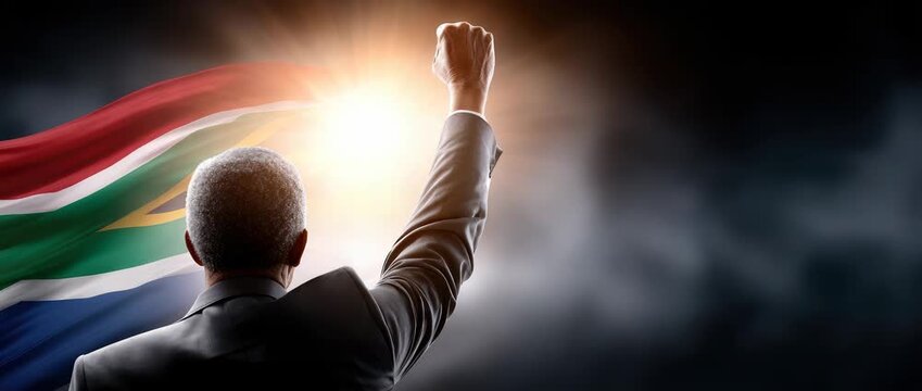 Man raising a clenched fist in silhouette against a dramatic sunset, symbolizing hope, power, and the struggle for freedom, human rights, and social justice. Nelson Mandela Day