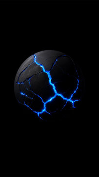 3D Render of a Cracked Matte Black Sphere with Glowing Neon Blue Light Veins and Energy Pulse Isolated on a Black Background