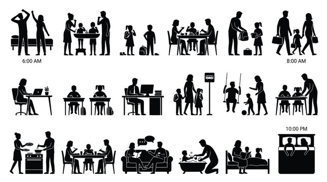Family daily schedule silhouettes showing specific times from early morning to late night.