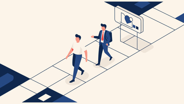 Professional mentor guiding a young man on a strategic path with social media feedback, symbolizing career development, business growth, and success.
