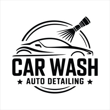 Professional car wash and auto detailing service logo with car shape.