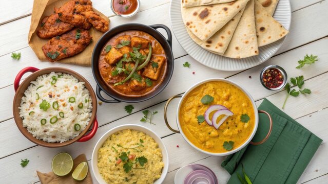 Variety of traditional indian food dishes on white wooden table