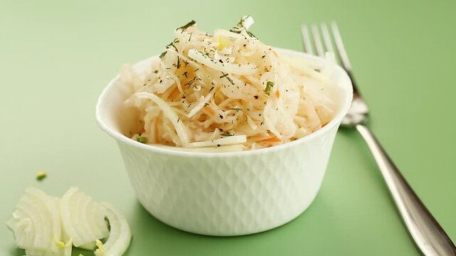fresh cabbage salad with onion in white bowl
