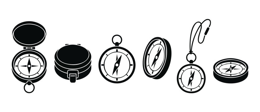 Compass icons set black silhouette collection for navigation and travel design, isolated vector illustration of various vintage magnetic compasses for map orientation, hiking adventure and journey con