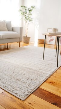 Minimalist living room with textured grey area rug on hardwood floor.