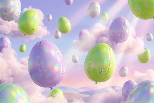 Surreal 3D Inflatable Easter Eggs Floating in Pastel Sky