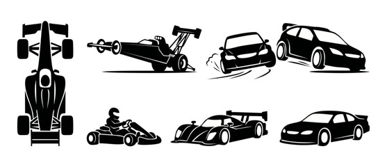 Fototapeta premium Racing cars collection silhouette set, motorsport vehicle icons, formula one, rally, dragster and kart racing signs for sports design, black and white vector illustrations isolated on white background