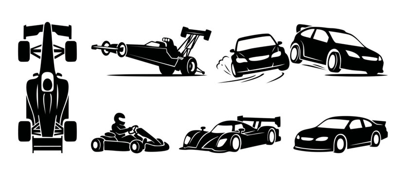 Racing cars collection silhouette set, motorsport vehicle icons, formula one, rally, dragster and kart racing signs for sports design, black and white vector illustrations isolated on white background