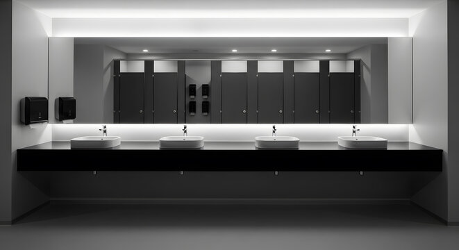 modern public restroom interior design | minimalist commercial bathroom with large mirror | contemporary office washroom with backlighting | sleek black and white restroom aesthetic