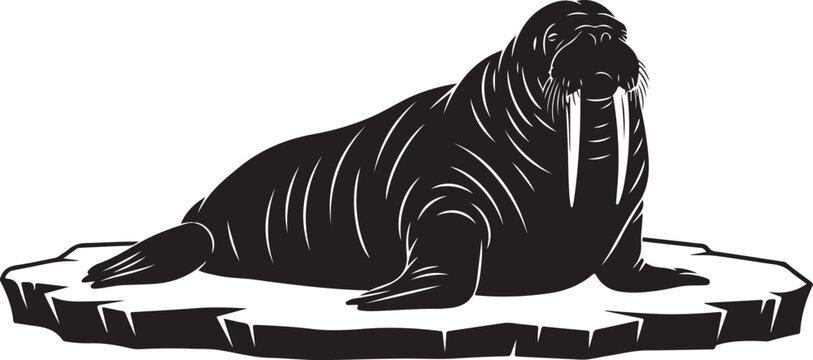 Black walrus on ice floe white