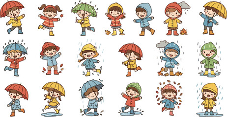 Fototapeta premium Cute Kids Rainy Autumn Set with Children Playing in Puddles Umbrellas Falling Leaves and Weather Activities Vector Illustration