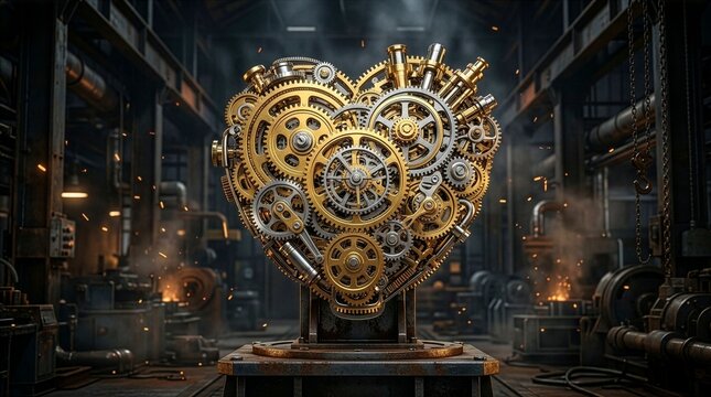 Intricate 3D Metallic Gears Symbolic of Labor and Industry