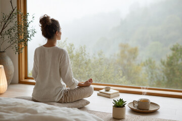 Fototapeta premium Healthcare ヘルスケア 069 Woman Meditating by Window Overlooking Foggy Forest（霧の森を望む窓辺で瞑想する女性）