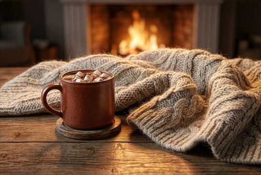 Cozy Winter Hygge Concept with Knitted Blanket and Cocoa