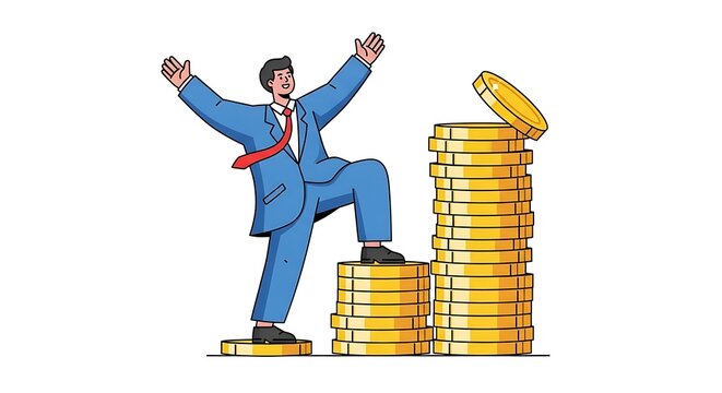 cartoon business person climbing stack of coins, confident pose, success theme, clean minimal style, isolated on pure white background, centered composition