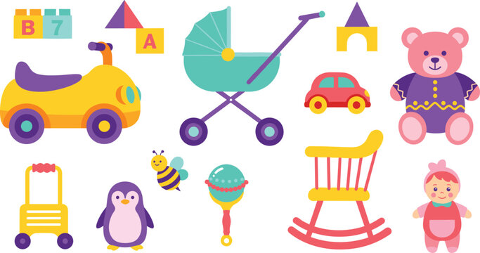 Colorful baby toys vector set including stroller teddy bear rocking horse car blocks rattle penguin and educational kids play items