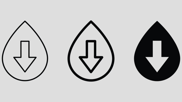 Low water level icon. Reduce water usage logo. Droplet with arrow down symbol. Supply shortage illustration isolated.
