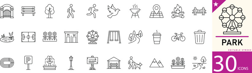 Park line icons for nature, trees, playground, outdoor activities, and recreation. Editable vector icons with clean strokes, perfect for landscape design, city parks, and outdoor projects. © mstlily