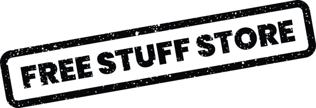 Grungy rectangular stamp featuring the words free stuff store for online market promotions and retail location advertising