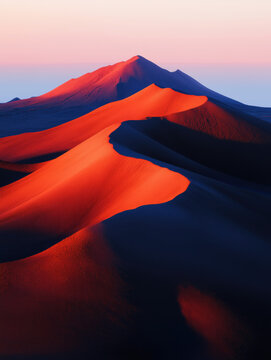 Red sand dunes glowing under soft pastel evening sky