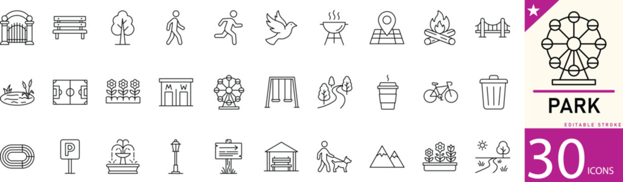 Park line icons for nature, trees, playground, outdoor activities, and recreation. Editable vector icons with clean strokes, perfect for landscape design, city parks, and outdoor projects.