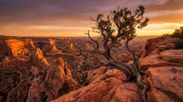 Ancient Juniper Tree Overlooks Fiery Canyon at Sunset