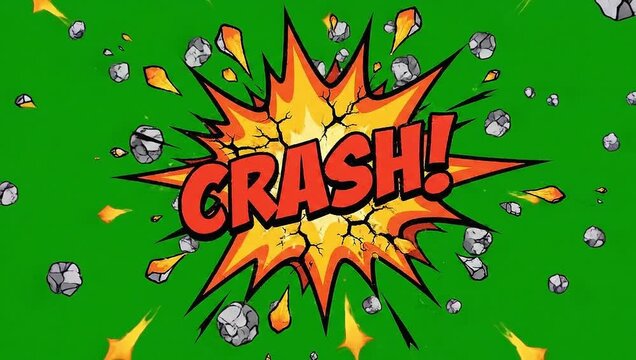 Comic book explosion animation with crash text on green screen background.