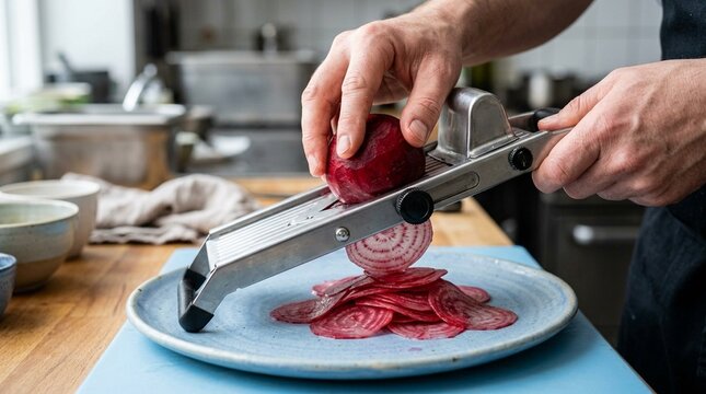 Professional Chef Mandoline Slicing Fresh Vegetables for a Gourmet Dish