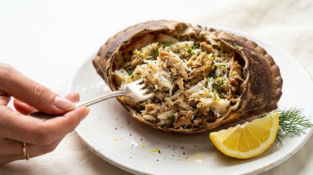 Whole Dressed Brown and White Crab Meat Served on a White Shell Plate with Lemon