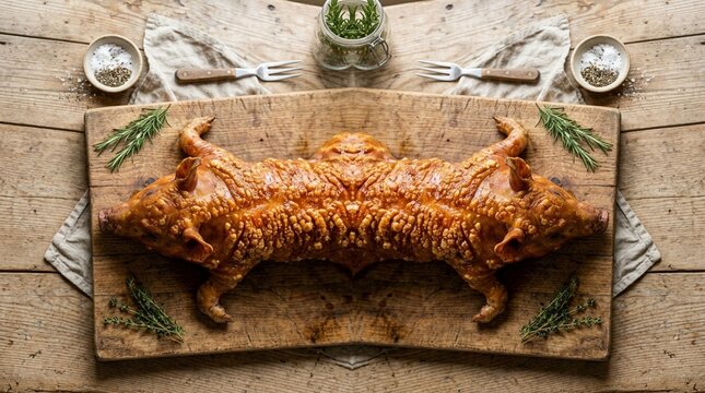 Whole Roasted Suckling Pig with Golden Crackling on a Chopping Board