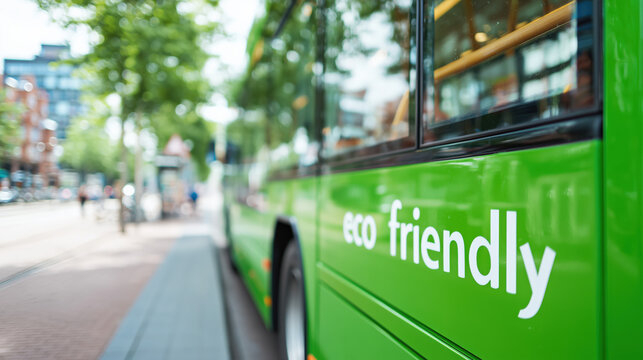 Bright green public bus with eco friendly slogan in city