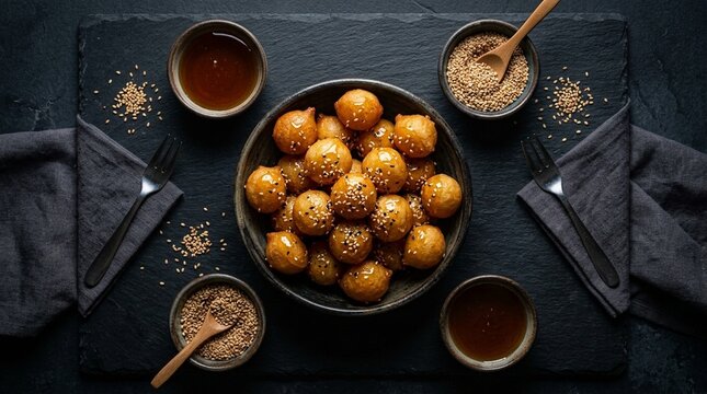 Golden Fried Luqaimat Sweet Dumplings Drizzled with Honey and Sesame Seeds