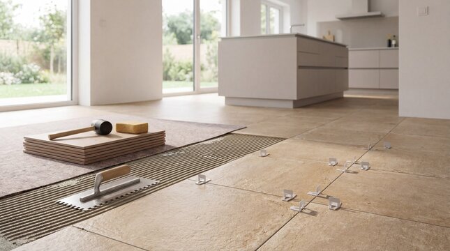 Close-up of beige ceramic tiles being installed on a floor with a trowel and tile spacers, showcasing the tiling process in a modern kitchen